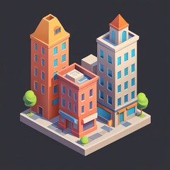 Isometric Cityscape: A Charming Low-Poly Block of Buildings