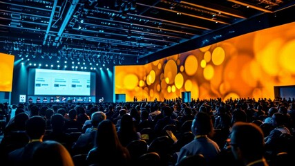 A large audience listens to a presentation at a conference. AI.