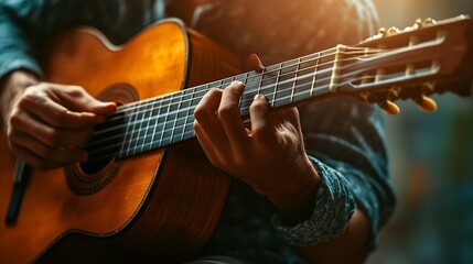 Fototapeta premium A close-up of hands playing an acoustic guitar, showcasing musical expression.