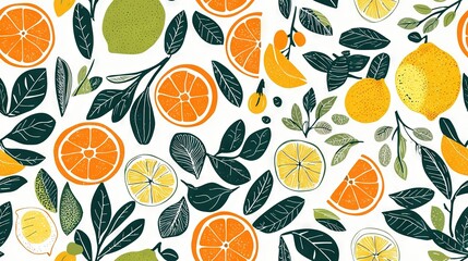   A sequence of oranges, lemons, and leaves on a white backdrop with lush green foliage