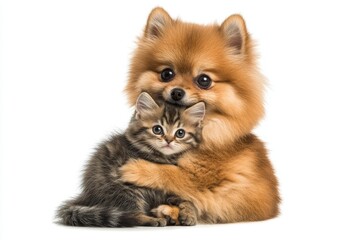 Obraz premium Orange cat and spitz dog side by side, gazing at the camera, in isolation