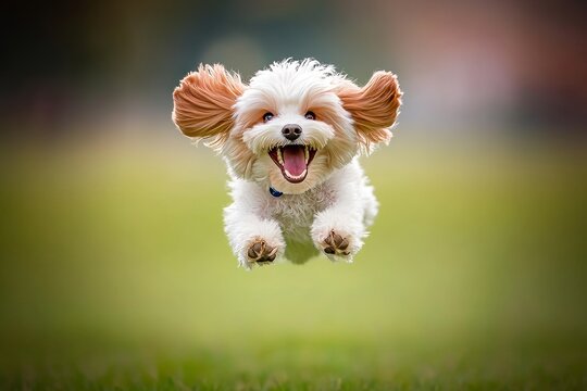 In the warm summer light, a joyful Jack Russell terrier dog runs and leaps, engaging in playful antics with its adored owner