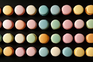 Obraz premium A colorful array of pastel macarons neatly arranged on a dark surface.