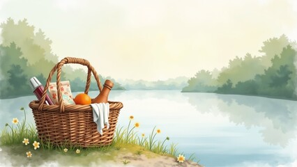 The image is a digital illustration of a picnic basket on the shore of a lake. The basket is made of wicker and has a handle on top.