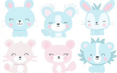 Baby cards with modern illustrations of cute cartoon animals including a lion, dog, bunny, bear, panda, tiger, cat, and fox