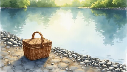 The image is a painting of a beautiful landscape with a lake in the background. The lake is surrounded by trees and greenery, and the water is a deep blue-green color.