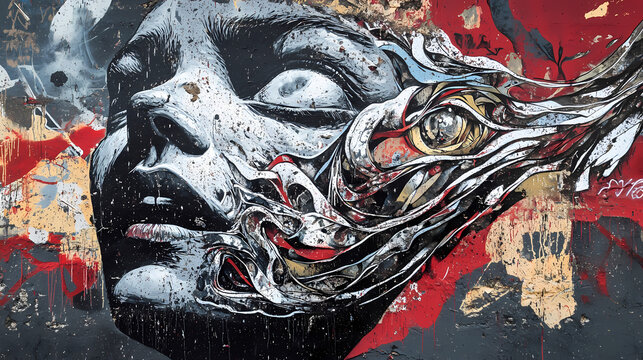 Expressive street art: abstract graffiti illustration depicting an oppressive atmosphere with crushed heads, symbolizing despotic and unjust pressures in urban settings. Draconian. Illustration