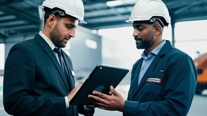 Two professionals in safety gear discuss industrial plans using a digital tablet, symbolizing teamwork, innovation, and the industrial field.