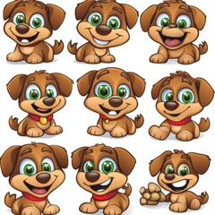 Set of cartoon dogs depicted performing various actions like digging dirt, eating pet food, jumping, sleeping, running, barking, and performing tricks in a modern style
