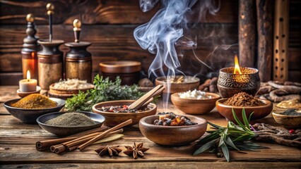 Aromatic Incense Burning in a Wooden Bowl Surrounded by Spices and Herbs on a Rustic Wooden Table
