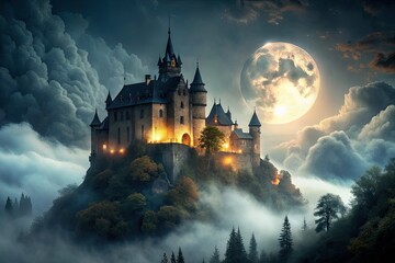 Misty moonlight bathed the eerie hilltop castle, a spooky manor haunted by ghostly shadows.