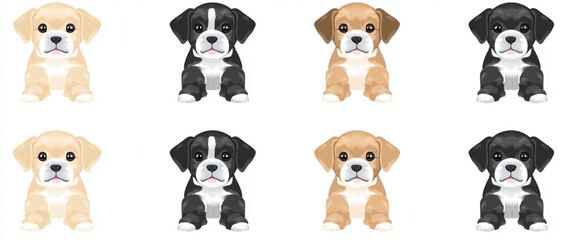 Cartoon dog or puppy characters in a modern, cute doodle style, with a collection of flat color designs in different poses. The set includes funny pet animals set against a white background