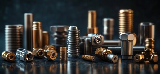 A collection of metallic bolts, nuts, and screws arranged artistically.