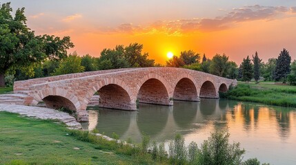 Fototapeta premium Sunset over stone arch bridge reflecting in calm river.
