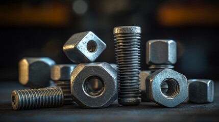 A collection of metallic nuts and bolts arranged on a surface.