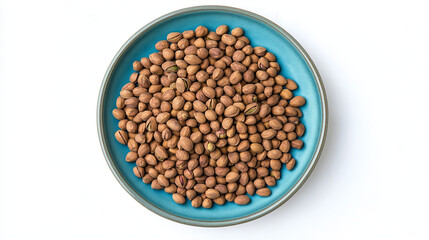 pistachios nuts in blue plate isolated on white background