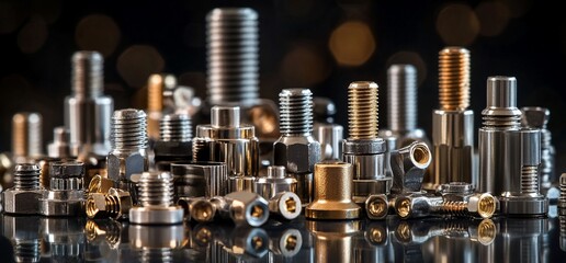 A collection of various metallic fasteners and components on a reflective surface.