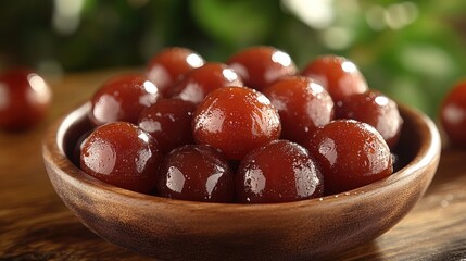 Sweet round dessert in wooden bowl.