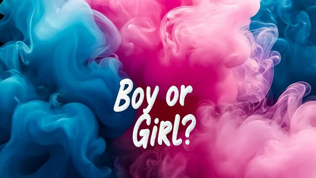 Vibrant pink and blue smoke clouds swirl around the bold question, "Boy or Girl?" This playful image hints at celebrations, such as gender reveal parties, invoking joy and anticipation.