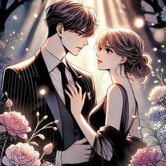 Elegant Anime Couple, Romantic Hugging Artwork, Couple Dancing. Star And Rose Background, Woman In A Black Dress And Man In A Dark Suit, Soft Expressions. Generative AI