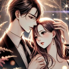 Elegant Anime Couple, Romantic Hugging Artwork, Couple Dancing. Star And Rose Background, Woman In A Black Dress And Man In A Dark Suit, Soft Expressions. Generative AI