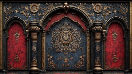 Ornate dark blue and gold archway with red panels, pillars, and intricate carvings.