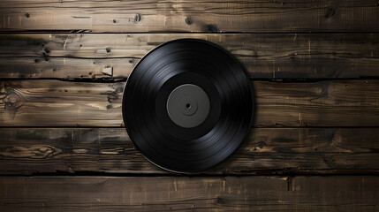 Top-Down View of Classic Vinyl Record on Textured Wooden Surface Evoking Nostalgia and Timeless...