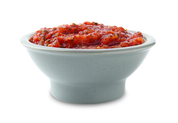 Tasty salsa sauce in bowl isolated on white