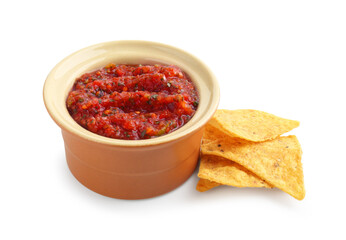 Tasty salsa sauce in bowl and tortilla chips isolated on white