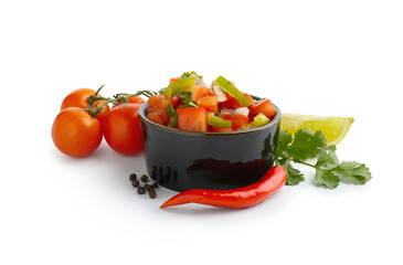 Tasty salsa sauce and ingredients isolated on white