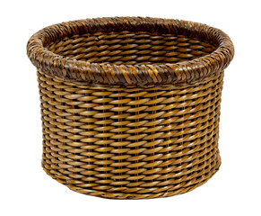 A Beautifully Handcrafted Round Wicker Basket with a Sturdy Braided Rim, Isolated on Transparent and White Background