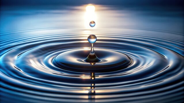 A single water drop creates concentric ripples on a smooth surface reflecting the warm glow of the setting sun