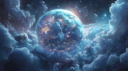 Obraz premium Planet earth as seen from space glowing with the brilliance of city lights scattered across continents accompanied by soft cloud patterns floating gently in orbit. Brilliance. Illustration