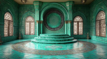Teal throne room with ornate arches and columns.