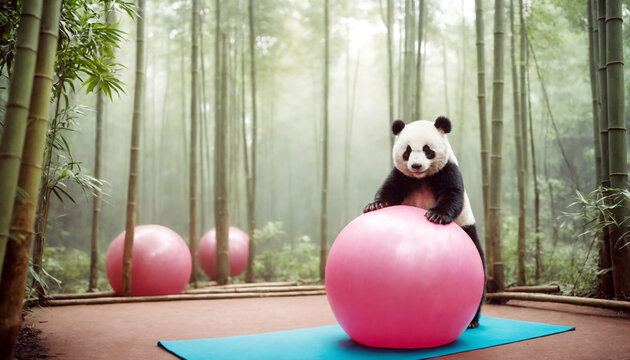 Panda doing pilates in a bamboo forest