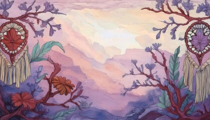 Boho Watercolor Wallpaper with Hand-Drawn Flowers and Foliage in Soft Watercolor Tones