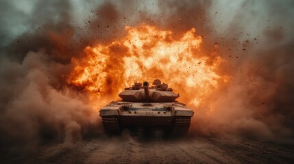 An armored tank moves assertively towards the viewer while a huge, dynamic explosion erupts in the background, showcasing strength and military might.