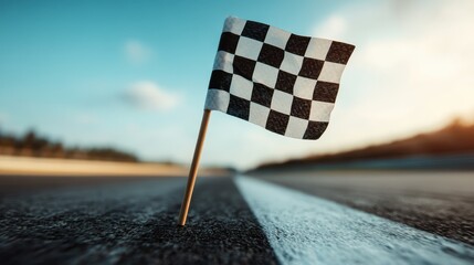 A stylized perspective view of a checkered flag on the race track, standing proudly with a clear blue sky, indicating the race’s finish line and ultimate goal.