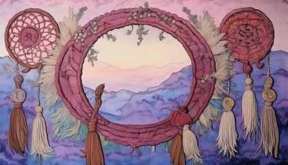 Boho Watercolor Wallpaper with Hand-Drawn Macrame Patterns and Fringes