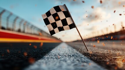 A dramatic view of a checkered flag planted firmly on the asphalt, symbolizing the concluding point of a thrilling race. Dust particles enhance the intensity.
