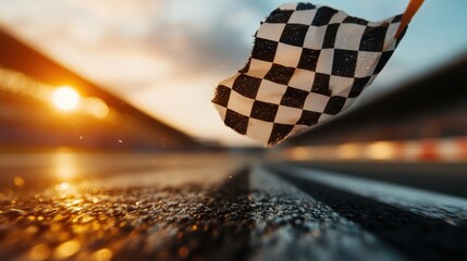 This vibrant image shows a checkered flag in motion on a sunlit racetrack, symbolizing dynamic movement, progress, and the exhilarating climax of an intense race.