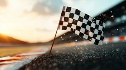 A dynamic checkered flag stands prominently on the racetrack, symbolizing victory and speed. The blurred background creates a sense of motion and excitement.
