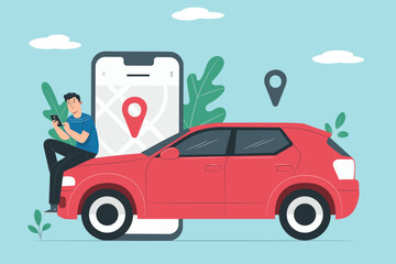 Ride sharing concept. A person using a smartphone app to book a car, representing ride-sharing and urban mobility.