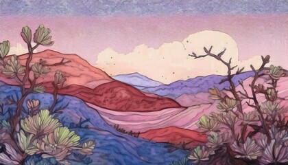 Boho Watercolor Design with Layered Arches and Minimalist Sunset