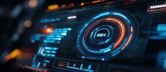Fototapeta premium A sleek digital dashboard screen featuring a futuristic speedometer, neon blue accents, and minimalistic UI design, futuristic theme