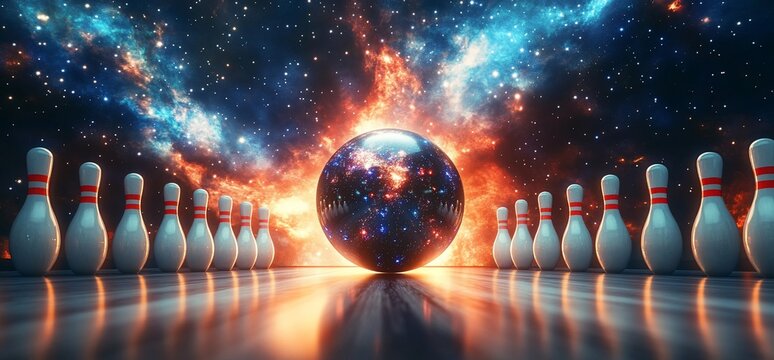 A cosmic bowling scene with pins and a galaxy-themed bowling ball.