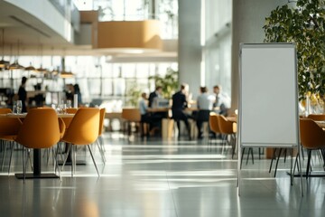  Pull-up banner mockup in modern office cafeteria with bright seating and natural lighting for corporate presentations