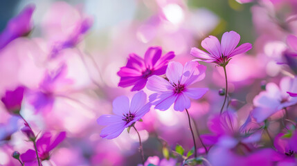 Fototapeta premium Beautiful Blossoming Pink Flowers in Soft Focus with Gentle Sunlight Creating a Dreamy Garden Atmosphere for Springtime Inspiration