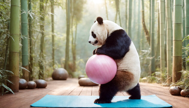 Panda doing pilates in a bamboo forest