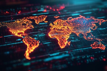 Fototapeta premium Digital world map with glowing data visualization grid for global connectivity concept